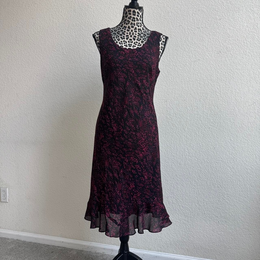 K Studio vintage black & red floral midi dress with ruffle hem, size 10